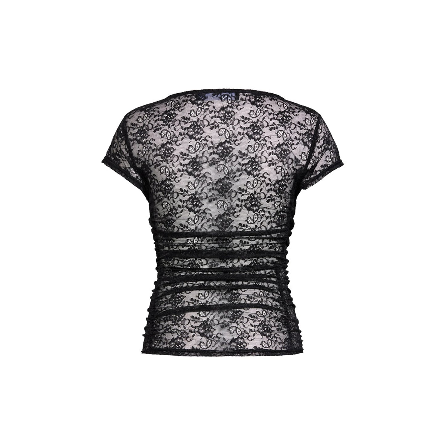 Women Lace Sexy Y2k Basics Minimalist Tanks Camis T-shirt Crew Neck Short Sleeve See-through Summer Tops for Club Party