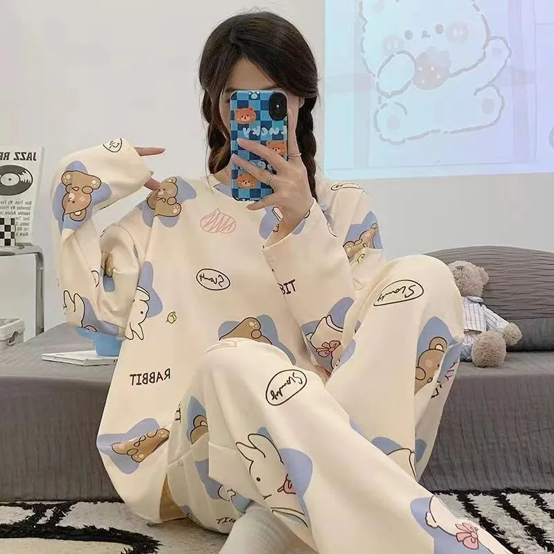 Women's Pajamas Two-Piece Casual Cute Comfortable Sleepwear Homewear Set Tops and Trousers Nightwear Lounge Wear Autumn Winter 9033BlueTuzi