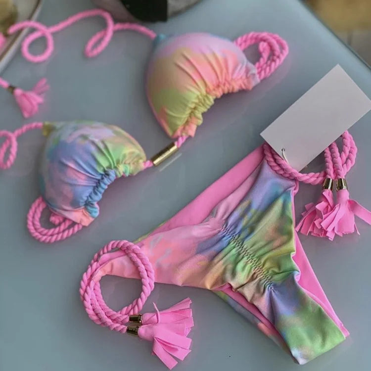 New Women Bikini Backless Rope Triangle Swimsuit Multicolor 8232