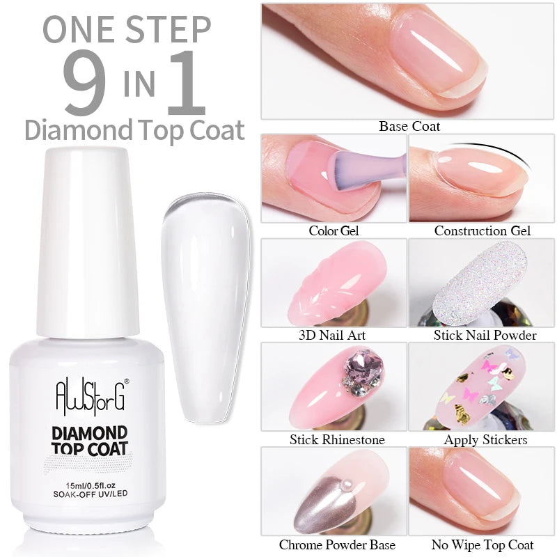 AWStorG15ml 2 IN 1 Crystal Top Coat Transparent Soak Off UV LED Nails Art Manicure Gel Nail Polish Varnishes Primer Function Gel Diamond Top Clear