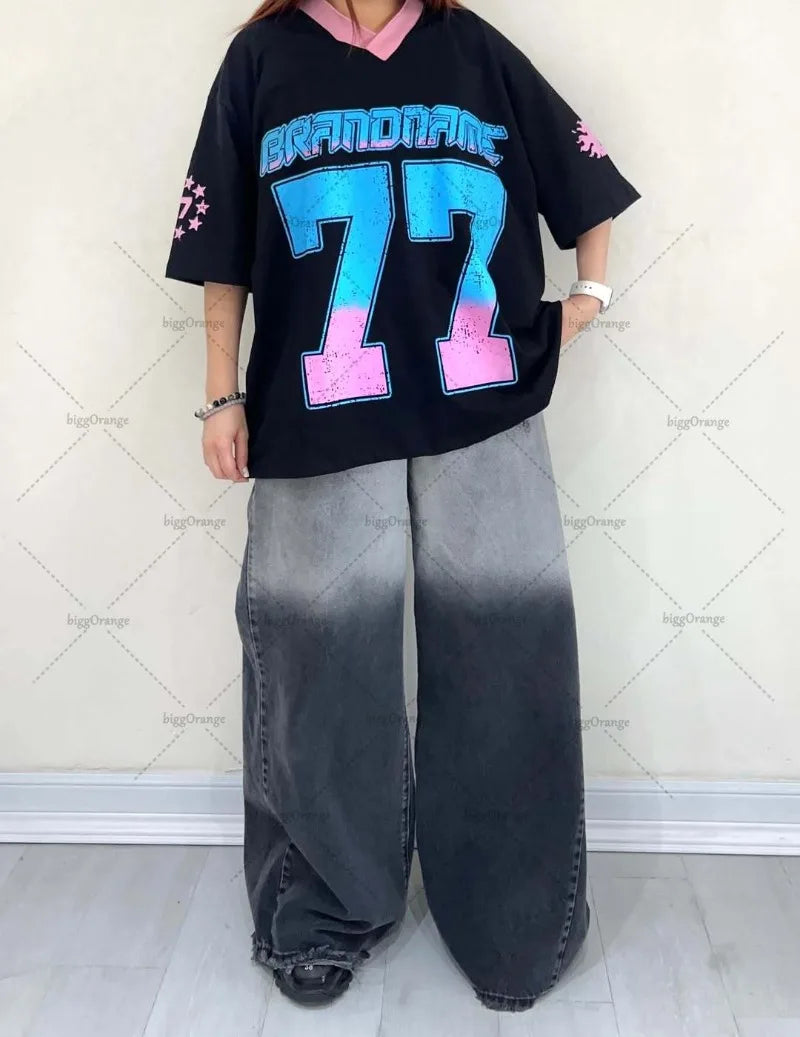 Y2K Harajuku Trendy Streetwear Top American Retro Digital Striped Print V-neck T-shirt Hip-hop Goth Casual Loose Jersey Women AA 2