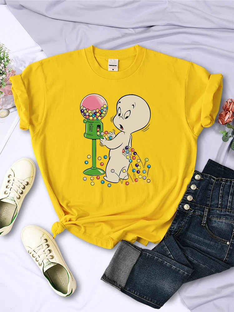 The Little Boy Likes Colored Glass Balls Women Short Sleeve Creative Street Tops Casual O-Neck Clothing All-math Female T-Shirts Yellow