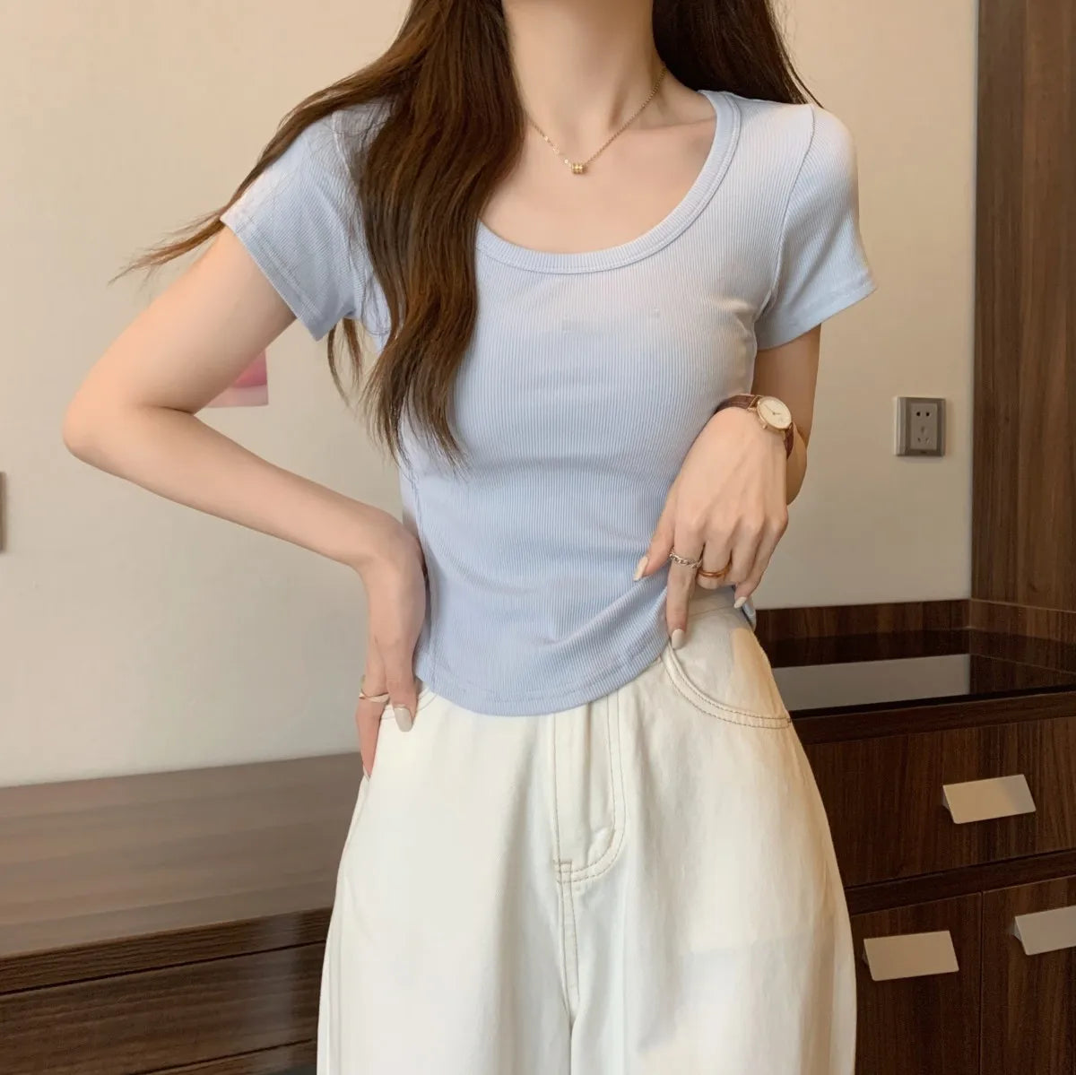 Y2K T-shirt Women V-neck Irregular Short Sleeve Crop Top New Korean Fashion Slim High Waist Solid Tee Shirt Woman Sexy Clothes