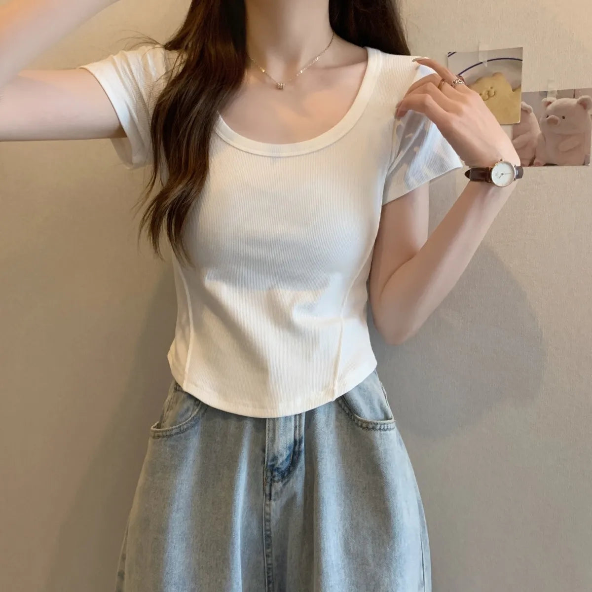 Y2K T-shirt Women V-neck Irregular Short Sleeve Crop Top New Korean Fashion Slim High Waist Solid Tee Shirt Woman Sexy Clothes