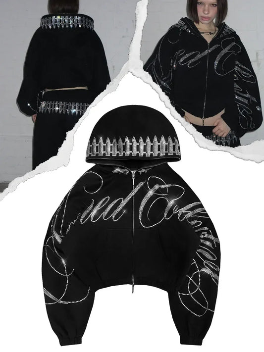 Y2K Streetwear Letters Rhinestone Sequin Hoodie Sweatpants Two Piece Set Sweatpants Women Oversized Sweatshirt Casual Pants Set