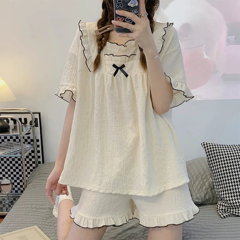 Pajamas Women's Summer Short-Sleeved Japanese Girls Solid-Coloured Breathable Large Size Bubble Cotton Casual Pajamas Homewear Black