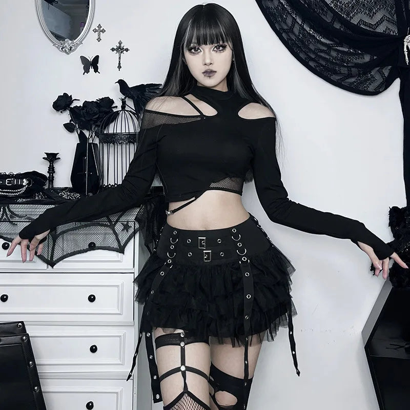 Y2K Street Dark Devil Cloth Strip Pleated Skirt Metallic Buckling Lace Layer Cake Short Skirt Women‘s High-end Design Sex Skirt