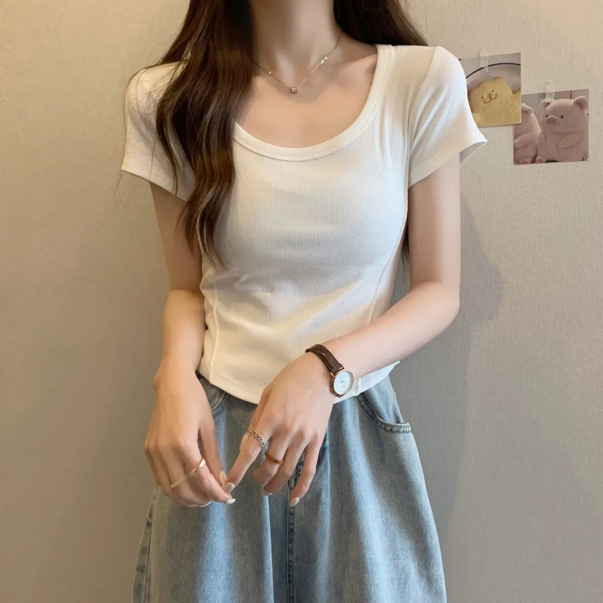Y2K T-shirt Women V-neck Irregular Short Sleeve Crop Top New Korean Fashion Slim High Waist Solid Tee Shirt Woman Sexy Clothes