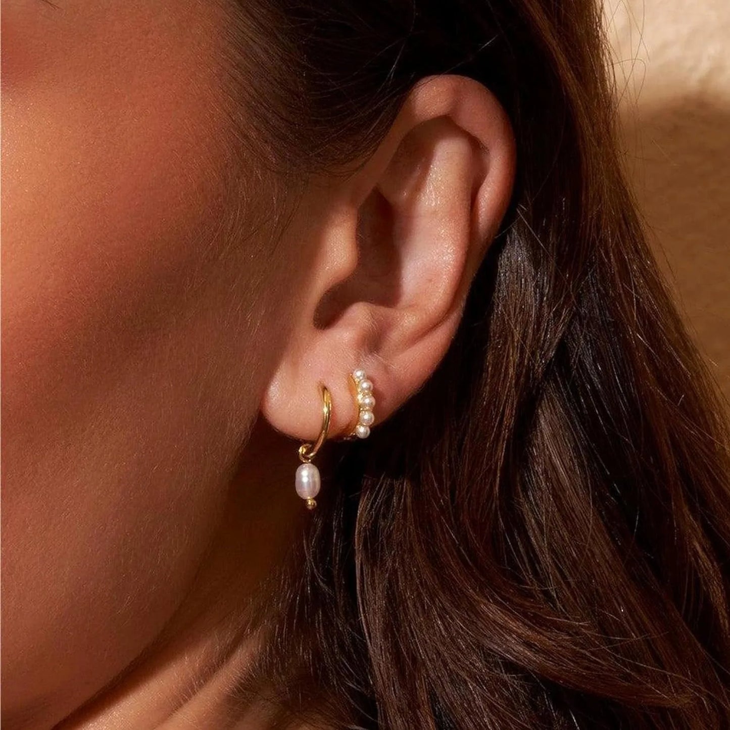2 Pair/Set Fashion Stainless Steel Imitation Pearls Dangle Hoop Earrings for Women Dainty 18k Gold Plated Hoops Vintage Jewelry