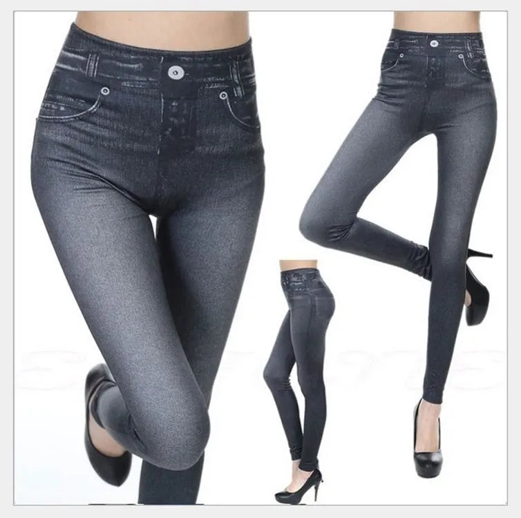 1pcs Women's Denim Print Leggings Females Fashion Slim Leggings Faux Jeans Leggings Lady Stretch Printed Tights Black Blue Pants Black