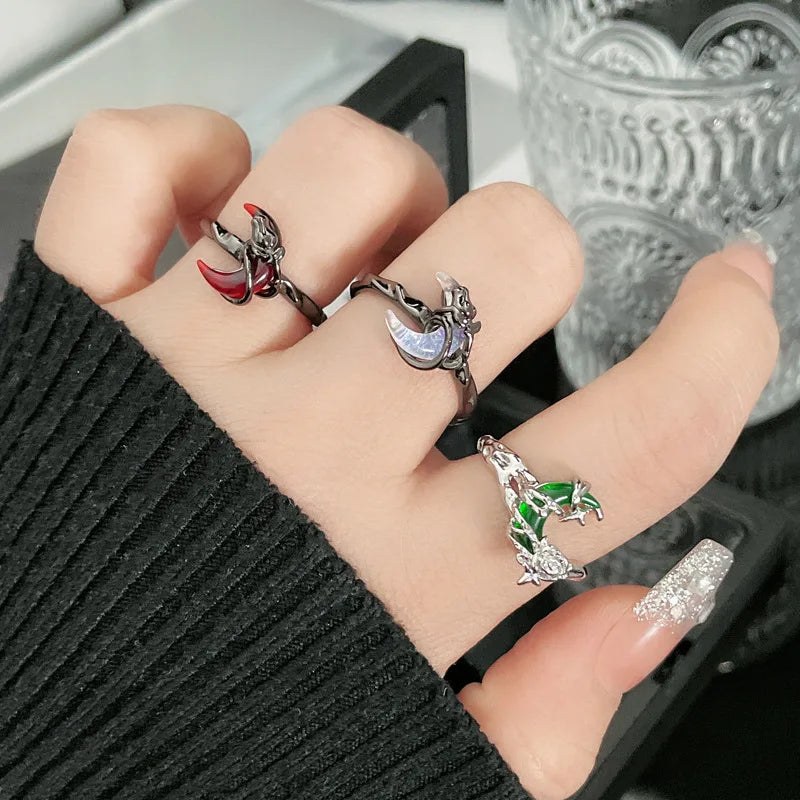 Y2K Moon Rose Ring Irregular Black Women Neo Gothic Hot Girl Design Sense Ring Anime Deep Red Moon Aesthetics Ring Jewelry Gift