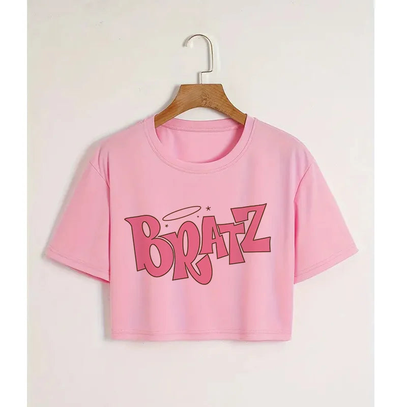 Gothic Bratz Cropped Print Crew Neck T-shirt Y2K Short Sleeve Tight Fit Crop Top Spring Summer Women's Clothing pink--79171