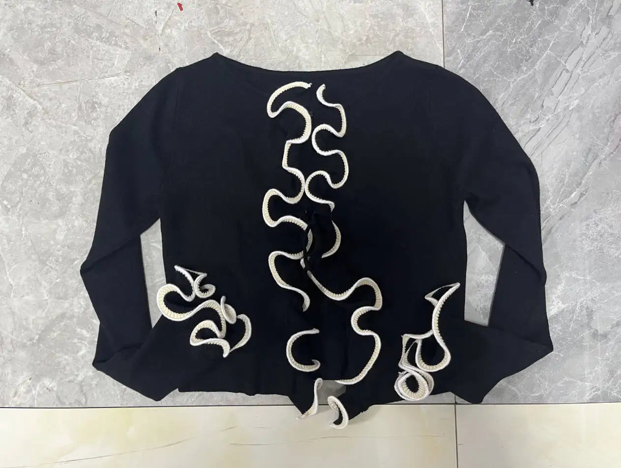 Yellow Knit Sweater Lace up Cropped Cardigan Ruffles Top For Women Black White Long Sleeve Y2K Clothing 2025 New Knitwears Fall