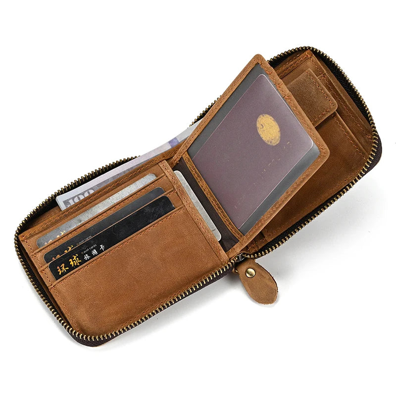 2023 New Short Wallet Men Women Vintage Fashion Card Holder Zipper Coin Purse Crazy Horse Leather Mens Slim Zipper Purse Wallet