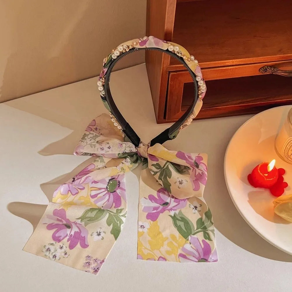 Retro Silk Scarf Headband Floral Print Pearl Braided Hairband Adjustable Bow Non Slip Ribbon Hairband for Women Girls Kid Style 6