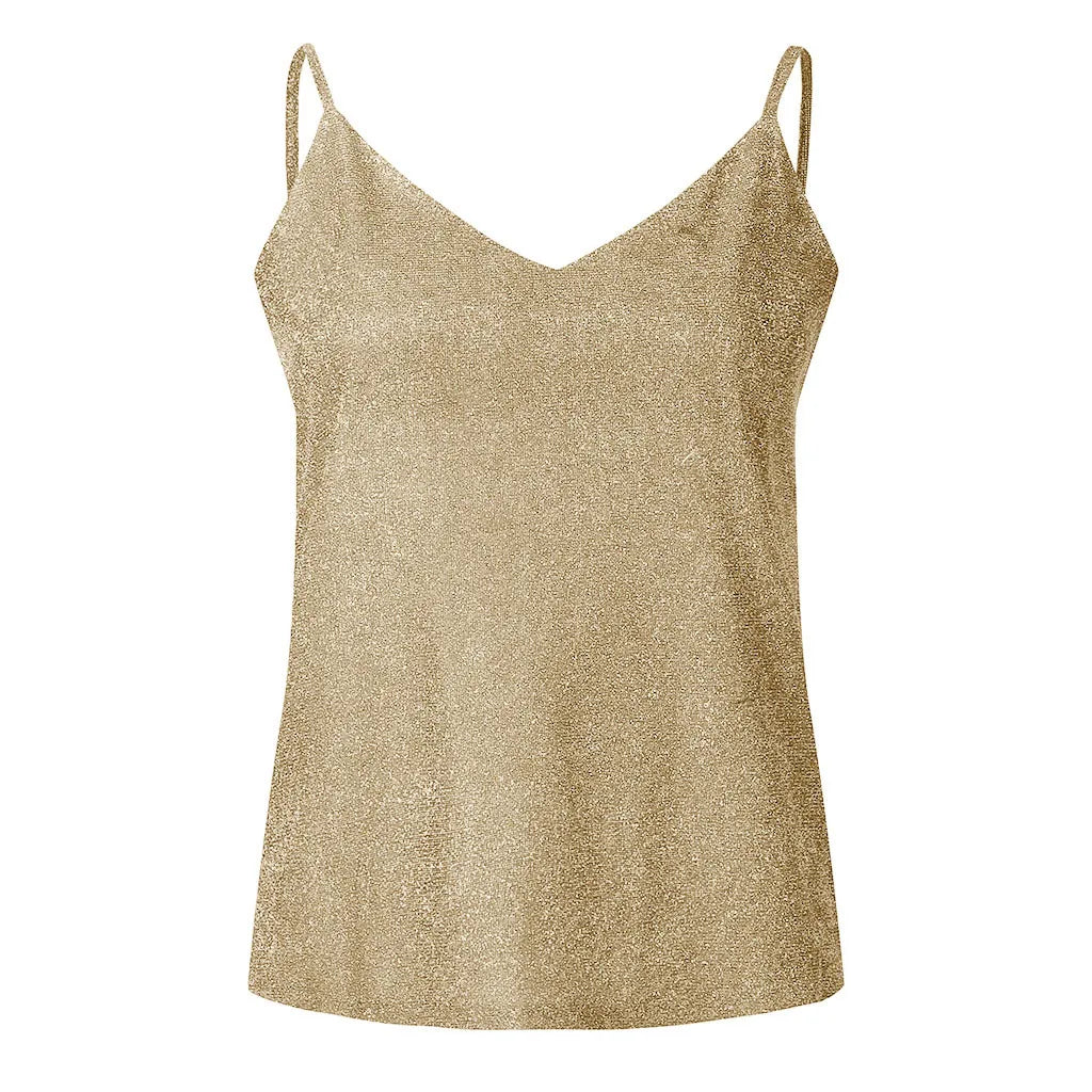 Women’s Solid Color V-Neck Tank Tops Ladies Glitter Strappy Sexy Cami Swing Vest Clubwear Fashion Canottiera Donna Estiva