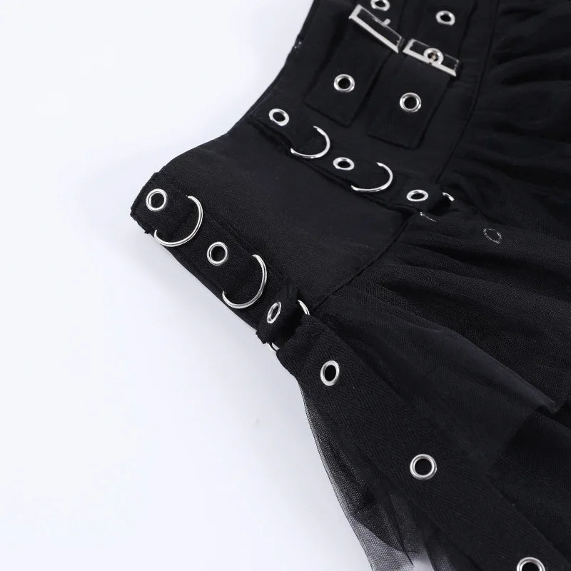 Y2K Street Dark Devil Cloth Strip Pleated Skirt Metallic Buckling Lace Layer Cake Short Skirt Women‘s High-end Design Sex Skirt