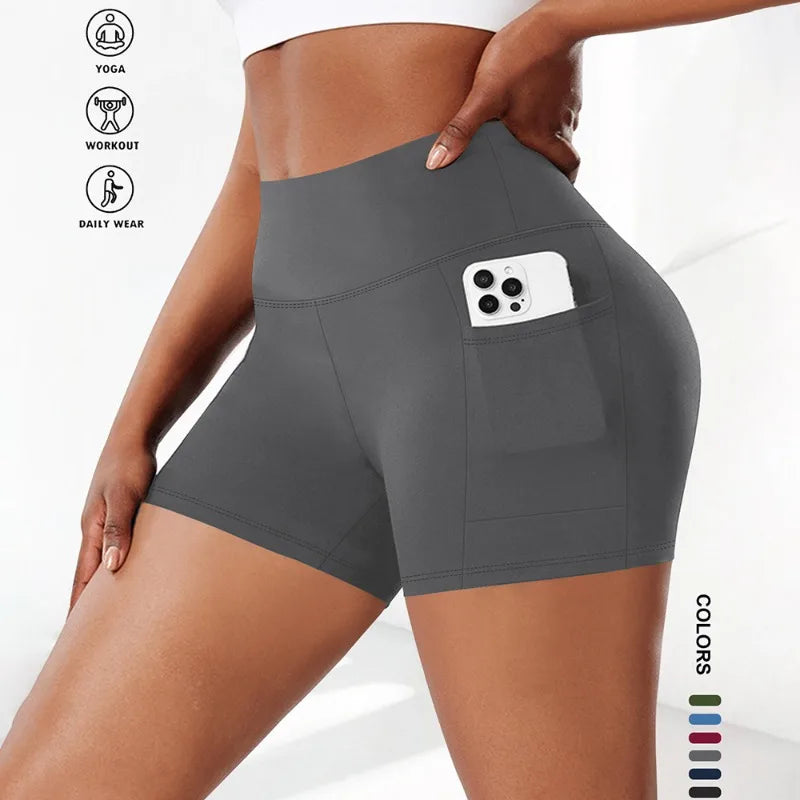 Plus Size Fit Yoga Shorts for Women's High Waist Side Pocket Workout Running Tight Stretchy Athletic Summer Fashion Slim Shorts GRAY