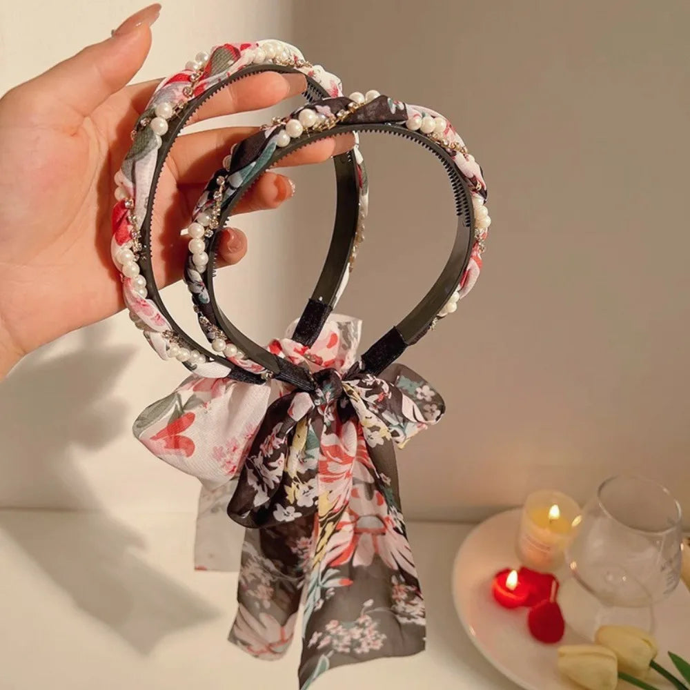 Retro Silk Scarf Headband Floral Print Pearl Braided Hairband Adjustable Bow Non Slip Ribbon Hairband for Women Girls Kid