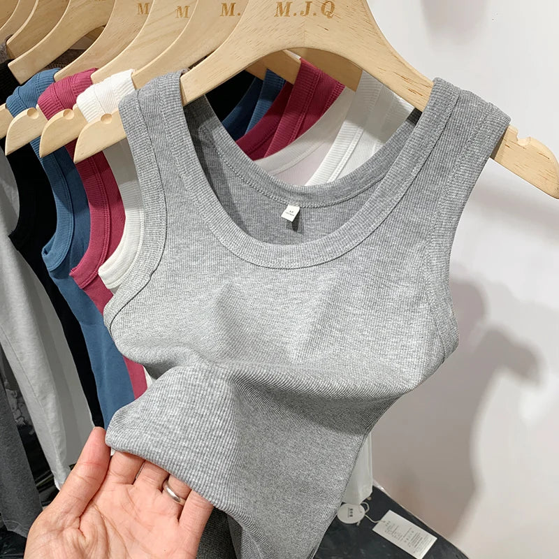 2025 Summer Women Sleeveless Tank Tops Fashion Crop Top O-neck Fitness Knitted Ribbed Vest Female Solid Camis Cropped Streetwear