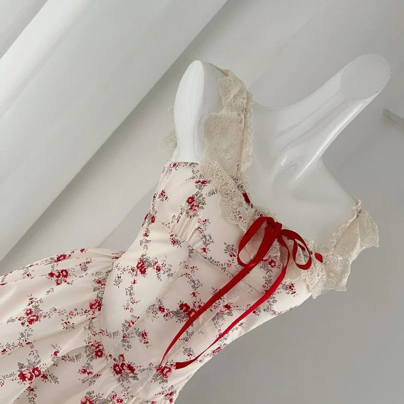 Y2K Sweet Floral Dress Set Woman Casual Red Short Cardigan Elegant Lace Mini Dress Female Korean Prairie Chic Clothing Suit