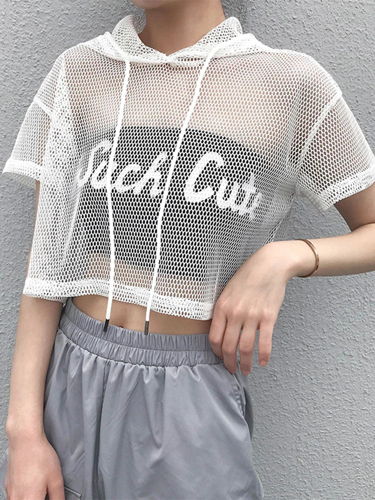 Womens Hollow Mesh Net Hooded T-Shirt Short Sleeve Tee Tops Transparent Black Swxy Clubwear Party WHITE