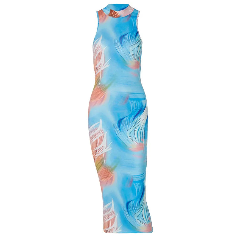 Hugcitar Tie Dye O Neck Sleeveless Backless Sexy Bodycon Slit Midi Dress 2023 Summer Women Fashion Clothes Y2K Streetwear Party