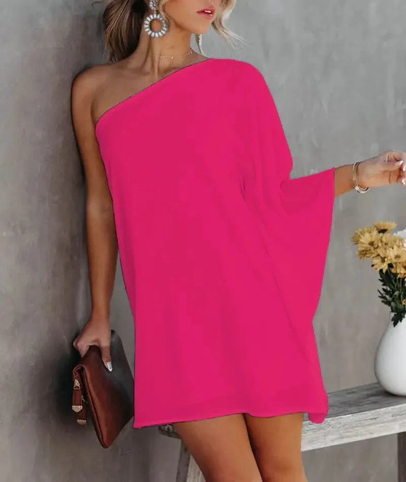 Party Dress Sexy One-Shoulder Long Sleeve Halter Loose Irregular Sundress Cover-Ups Elegant Women Gradient Color Beach Dress Rose Red