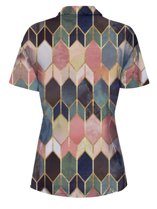 Versatile All-Season Women's Polo Shirt- Easy-Care,Stretch Comfort with Stylish Zip and Geometric Design for Everyday Casual Wea