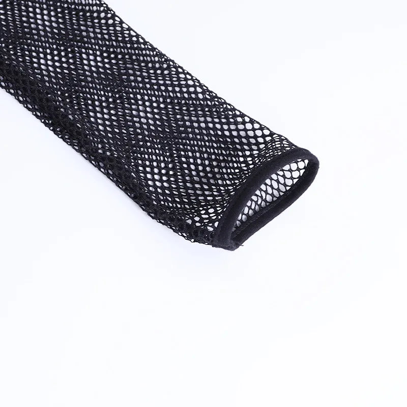 Goth Dark Mall Gothic Fishnet Patchwork T-shirts Grunge Punk Hollow Out Buckle Crop Tops Techwear Fashion Female Alt Streetwear