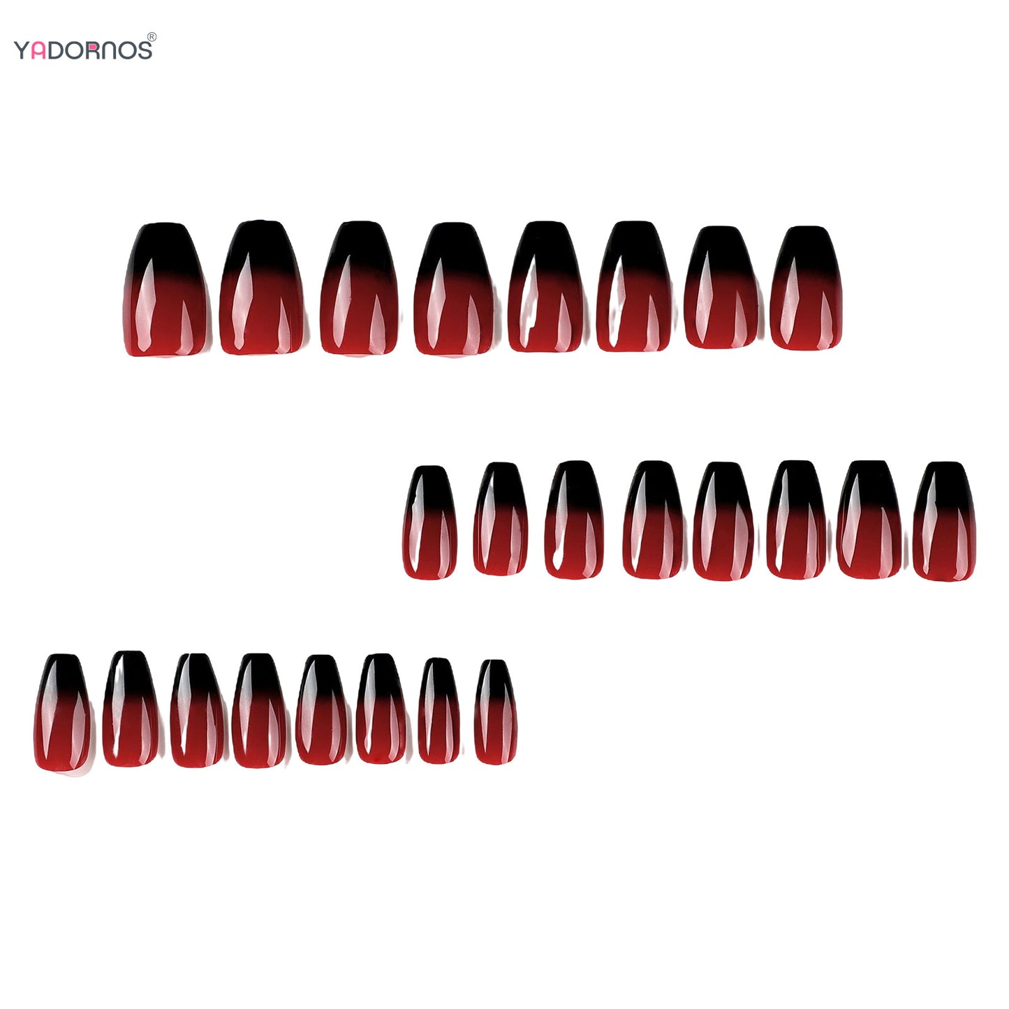Red Black Gradient Press on Nails Medium Length Coffin Fake Nails with Sticky Tabs Ballerina False Nails Tips for Women 24Pcs