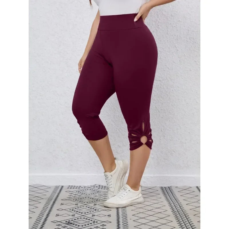 Plus Size S-8XL Women's High Waisted and High Elastic Tight Pants Summer Hollow Out Solid Color Elegant Yoga Pants Cropped Pants PURPLE