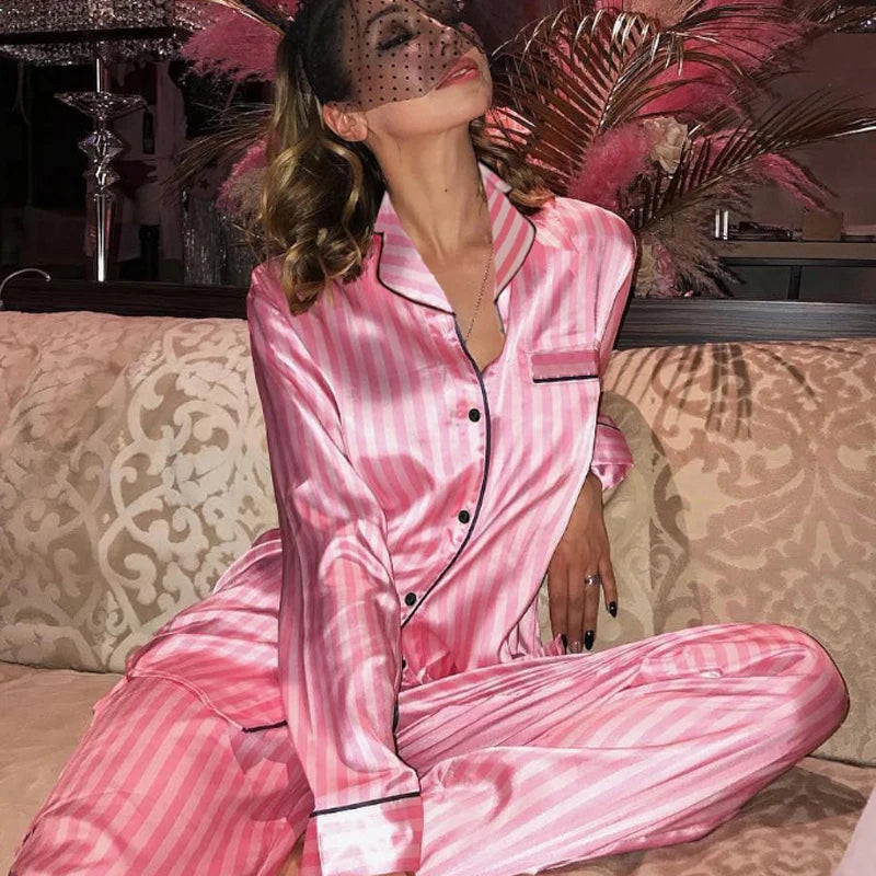 Women's Satin Pink Striped Pajama Set Silk Luxury Long Sleeve Button up Lapel Top with Pants Sleepwear & Loungewear StripedC