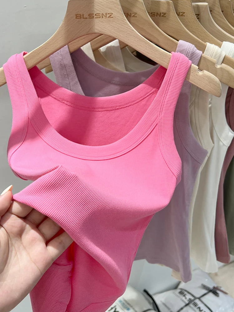 zjaiss Women Solid Round Neck Ribbed Tank Top Camisole Women 2025 Summer Basic Elastic Tank Top O Neck Solid Tank Top Rose pink