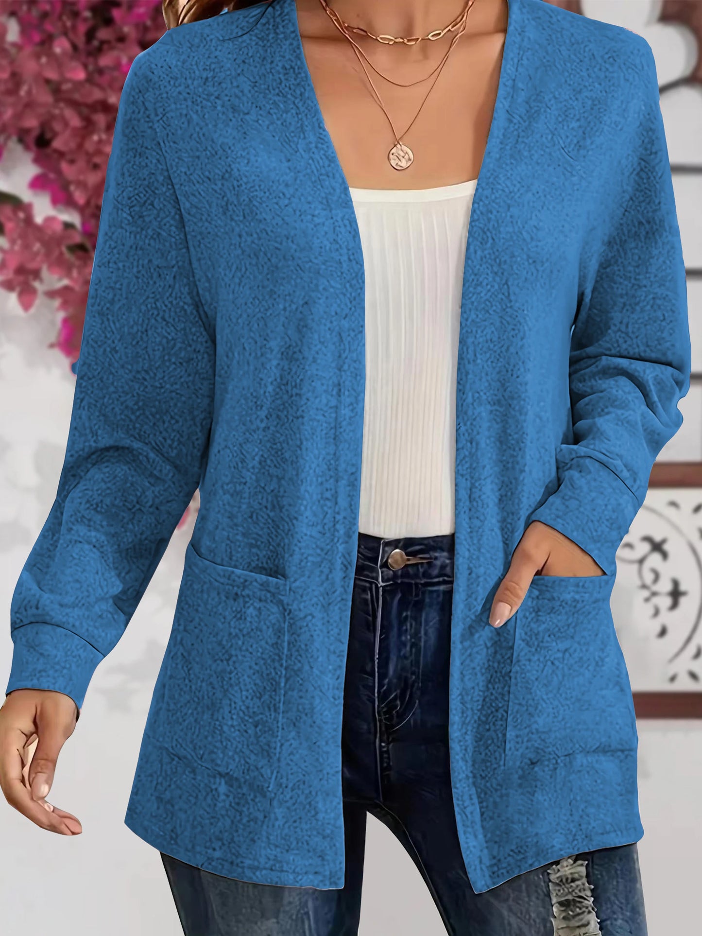 Autumn chic casual solid color pocket thin plus size women's jacket cardigan Blue