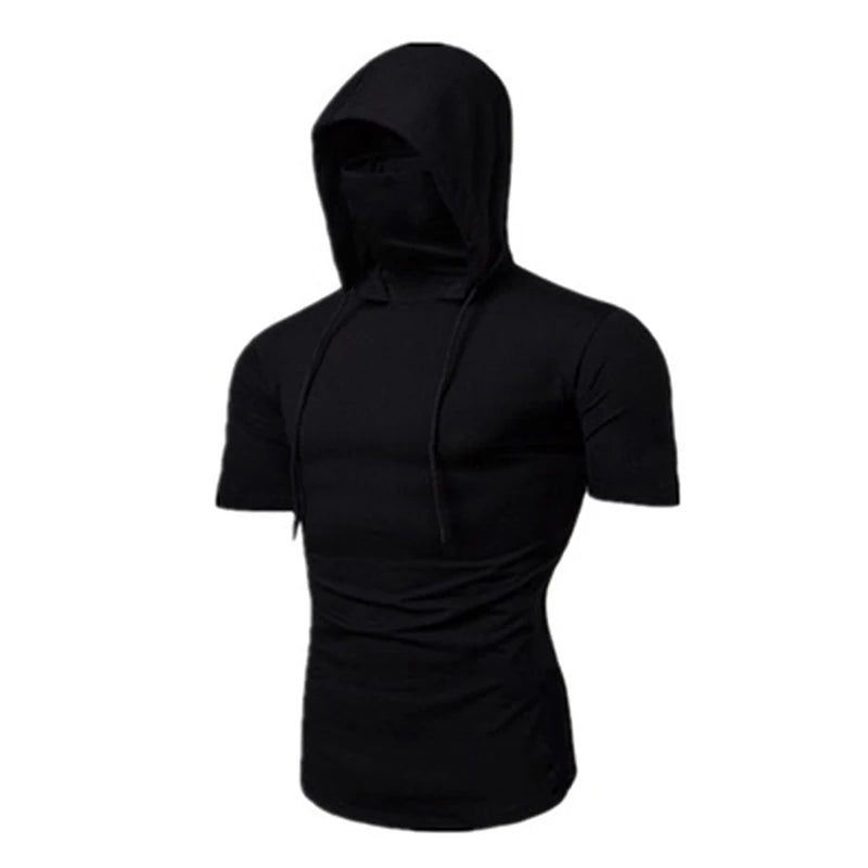 Mens Gym Thin Hoodie Short Sleeve Hoodies With Mask Sweatshirt Casual Splice Large Mask Hoodie Sweatshirt Hooded Tops Cycling Badiee Stylez