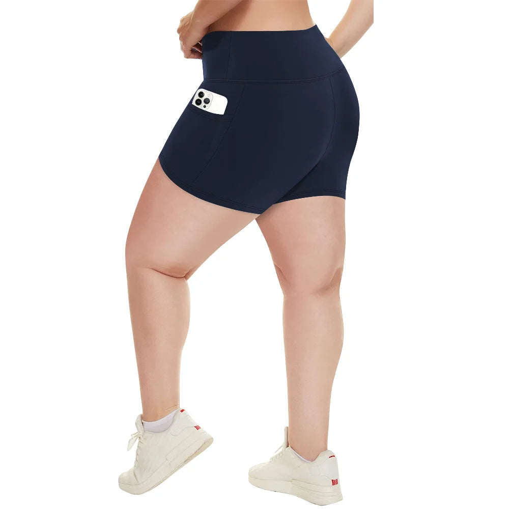 Plus Size Fit Yoga Shorts for Women's High Waist Side Pocket Workout Running Tight Stretchy Athletic Summer Fashion Slim Shorts