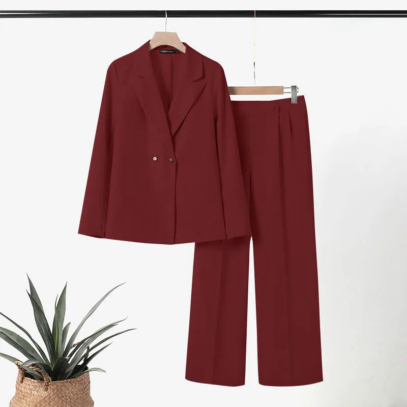 ZANZEA Korean Fashion Blazer Tops 2pcs Suits Autumn 2024 Solid Color Women Elegant Pant Sets Trousers Commute Blazer Suits Wine Red