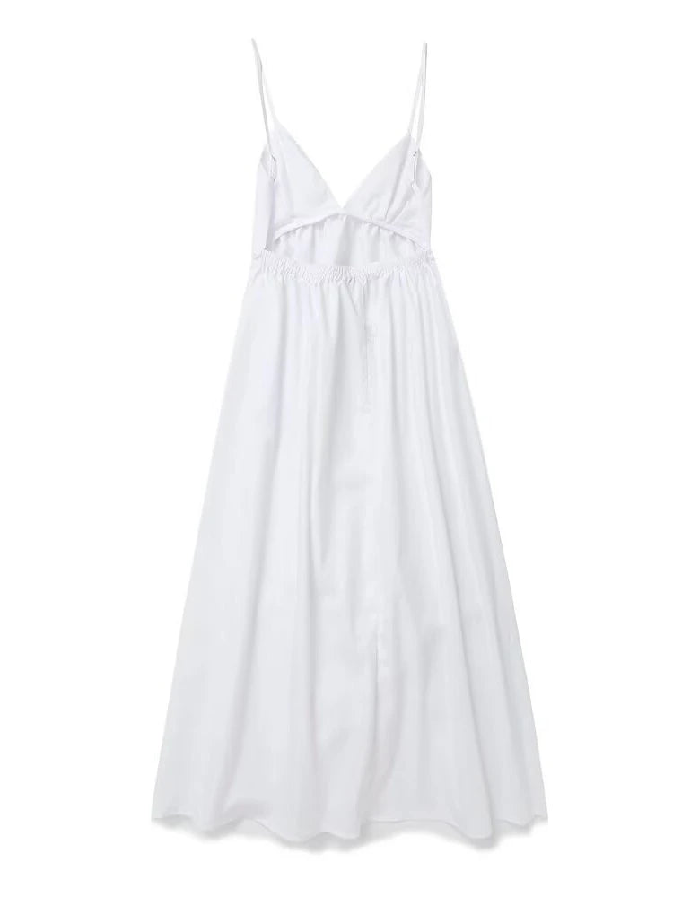 ZBZA Women's Backless Midi Dress Waistband V Neck Solid Pullover High Waisted Loose Fitting Camisole A-line Skirt New Chic Dress