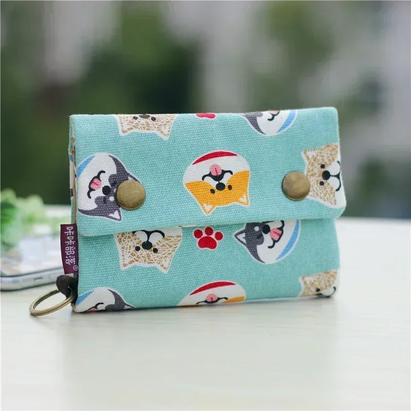 1pcs New Canvas Cartoon Totoro Cat Printed Flower Dog Women Short Wallet Cute Mini Money Key Bag Coin Pocket Purse for Children dog A