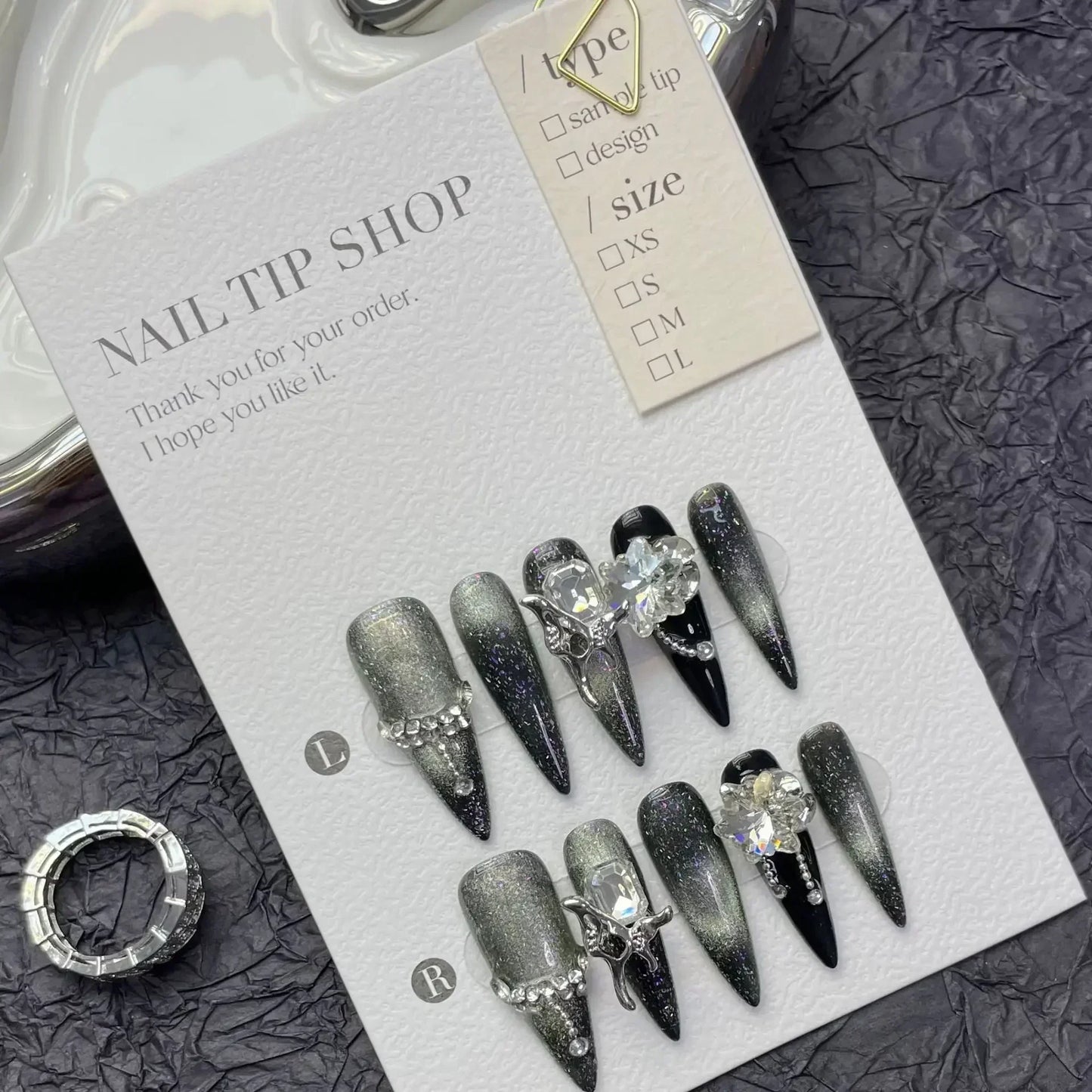 10pcs Ballet Acrylic Long Stiletto Black Glitter Sweet Cool Artificial Nails with Glue Handmade False Nails Y2k Stick on Nails 5 SIZE XS