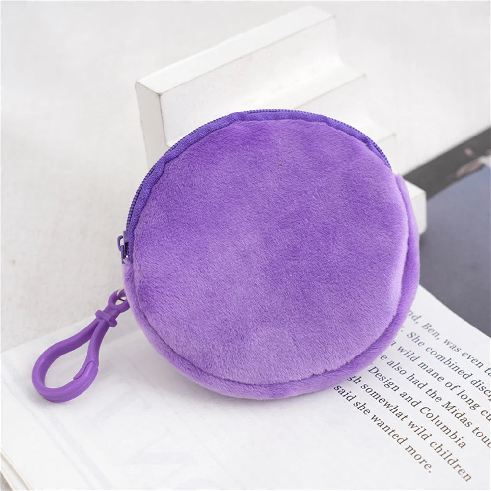 Solid Plush Round Coin Purse Women's Cute Wallet ID Card Bag Keychain Minimalist Coin Bag Kawaii Wallets for Women Gift Purple