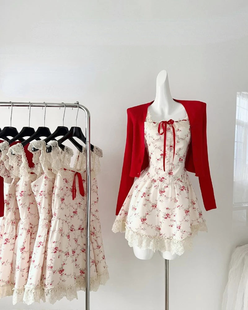 Y2K Sweet Floral Dress Set Woman Casual Red Short Cardigan Elegant Lace Mini Dress Female Korean Prairie Chic Clothing Suit