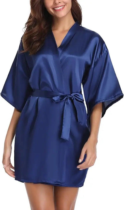 Womens Kimono Robes Dressing Gown Satin Bathrobe Nightdress Short Style Bridal Robe As the photo show 1