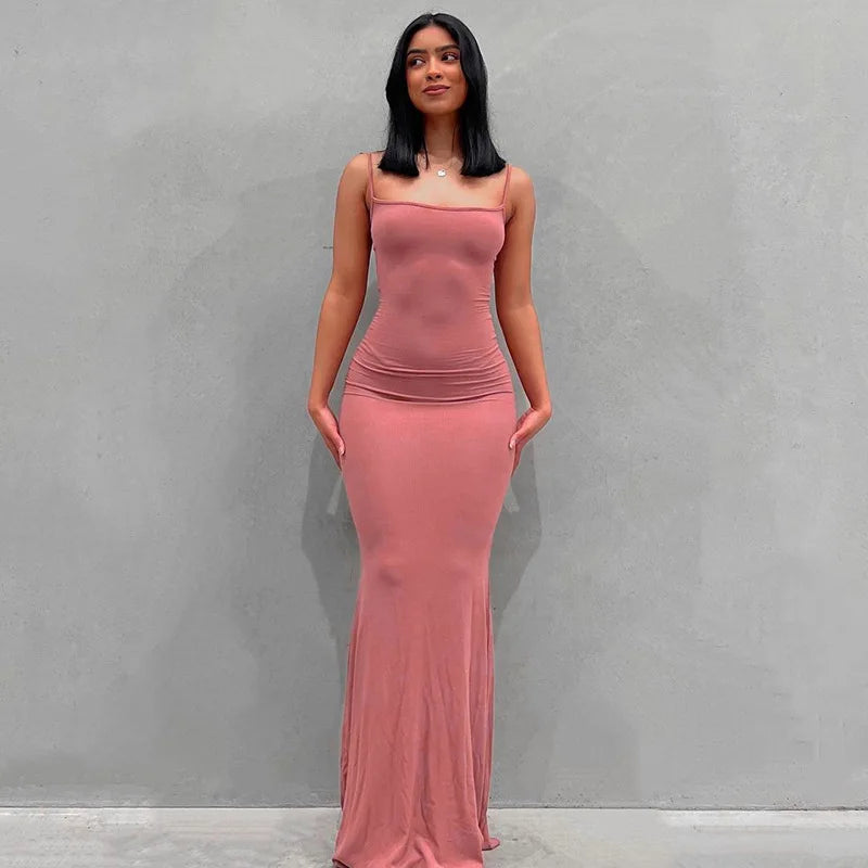 Europe and the United States cross-border foreign trade women 2024 solid color sexy slim high step slip dress pink
