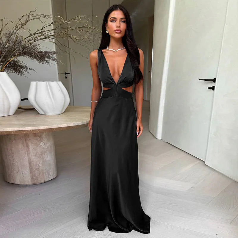Tornova Deep V neck Hollow Long Dress Female Sleeveless Slit Beach Vacation Dress Solid Color High Waist Bodycon Women's Dress Black