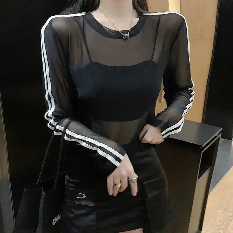 Y2K Sheer Sun-Proof Shirts Women Striped Long Sleeve T Shirts Streetwear See Through Mesh Blouses Korean Sun Protection Tops New