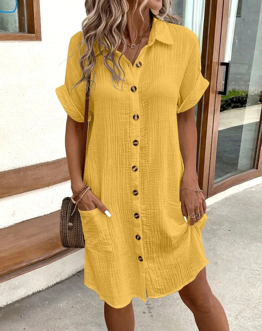 Vintage Women Solid Mini Dress Summer Fashion V-neck Three Quater Sleeve Cotton Linen Dress Ladies Casual Holiday Vestidos Yellow