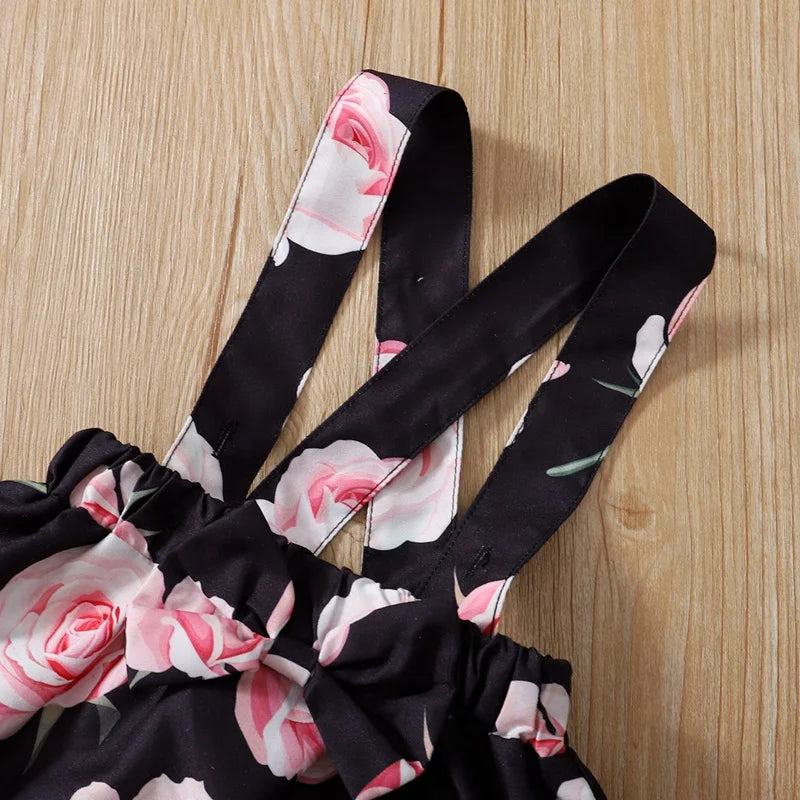 3PCS Baby Girl Dress Set Long Sleeves Bodysuit+Rose Floral Suspender Skirt+Headband Fashion Outfits for Toddlers 0-18 Months