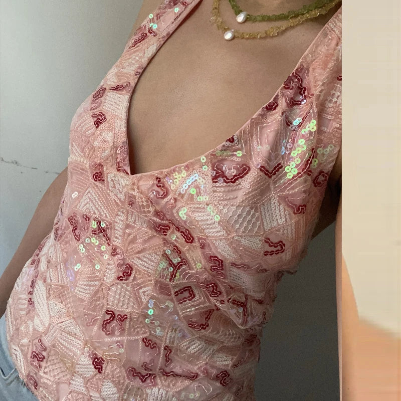 Y2k Sequin Beaded Halter Tops Boho Beach Backless Camis E-girl Sexy Club Party Sleeveless Shirt Vest Vintage Crop Tops Women Orange
